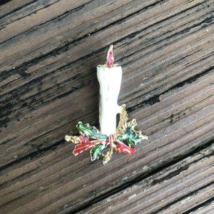 Candle Christmas Brooch Holly Red Green Enamel Brooch Holiday Gold Pin Vintage